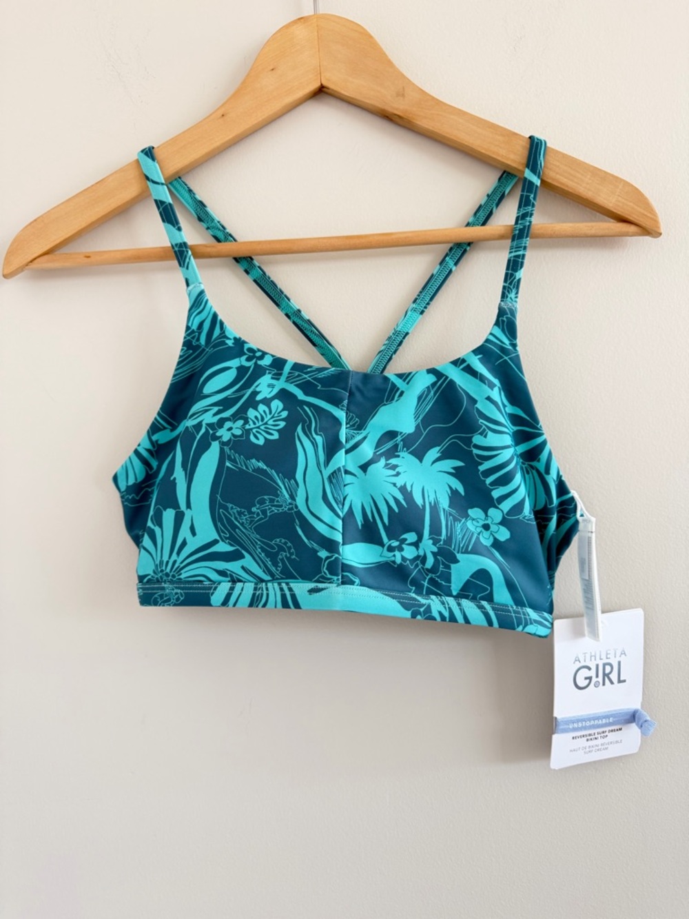 NWT Athleta Girl Reversible Bikini Top XXL 16 Teal Tropical Surf Swim Pool